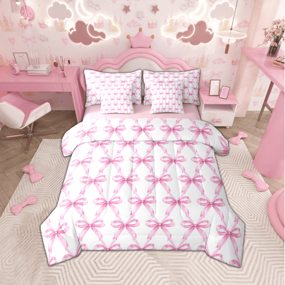 Manfei Cartoon Bow Tie 7-Piece Bedding Comforter Set,White Pink King Bedding Sets,Princess Kawaii Bow Bed Sheets For Teens,Luxury Bedroom Decor Reversible