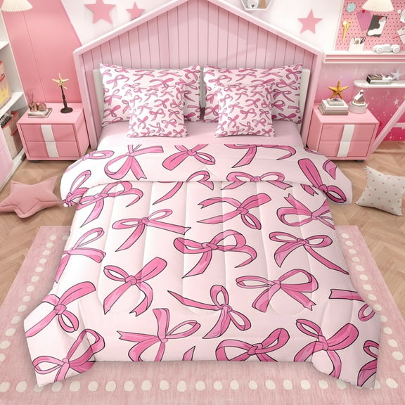Manfei Cartoon Bow Tie 7-Piece Twin Bedding Sets,Cute Bowknot Ribbon Bedding Comforter Set,Girl Pink Sheet Sets For Teens,Luxury Bedroom Decor Reversible