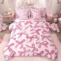 Manfei Cartoon Bow Tie 7-Piece Twin Bedding Sets,Cute Bowknot Ribbon Bedding Comforter Set,Girl Pink Sheet Sets For Teens,Luxury Bedroom Decor Reversible