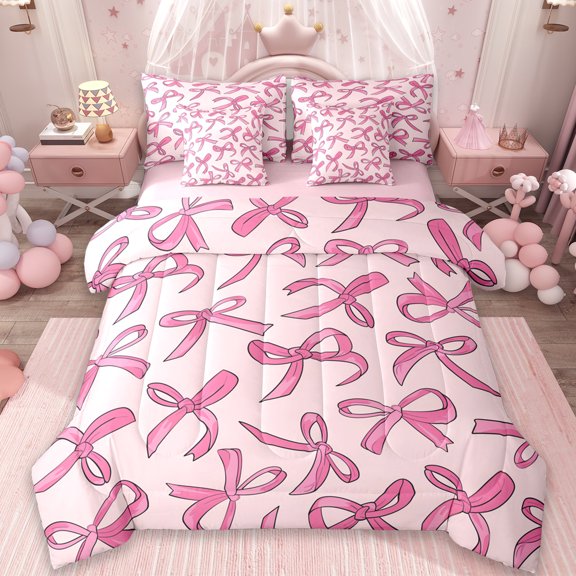 Manfei Cartoon Bow Tie 7-Piece Twin Bedding Sets,Cute Bowknot Ribbon Bedding Comforter Set,Girl Pink Sheet Sets For Teens,Luxury Bedroom Decor Reversible