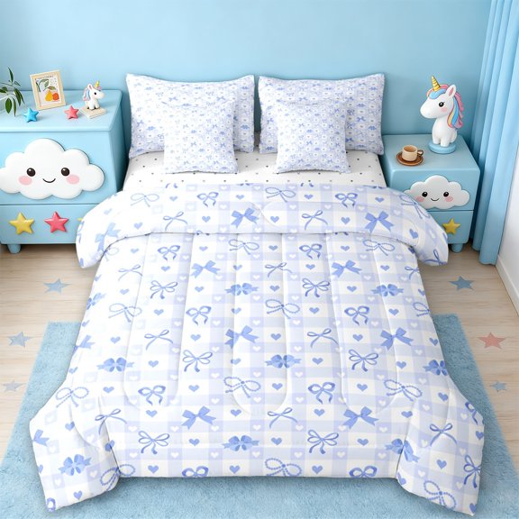 Manfei Cartoon Bow Tie 7 Pieces Bedding Comforter Set,Blue White Grid Full Bedding Set,Princess Bowknot Bow Fitted Sheet Flat Sheet For Teens,Luxury Bedroom Decor Reversible