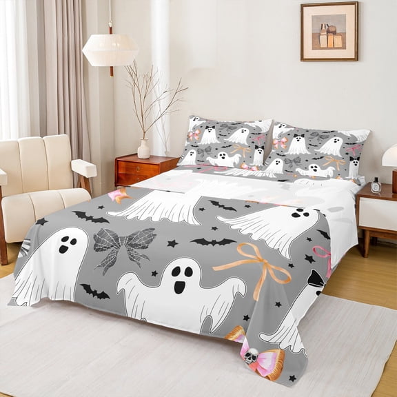 Manfei Cartoon Bow Tie Bed Sheets,Funny Halloween Ghost King Sheets,Princess Pink Bow Sheet Set For Teens,Luxury Bedroom Decor,4pcs
