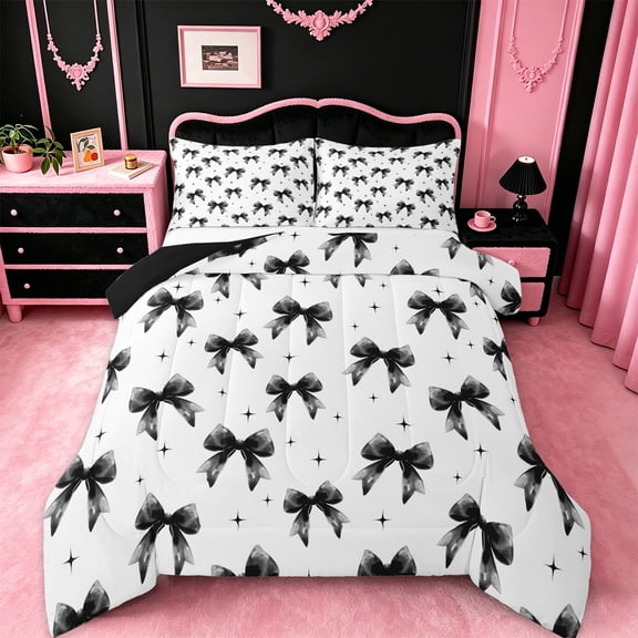 Manfei Cartoon Bow Tie Bedding Comforter Set,Girl Heart Print Twin Comforter Sets,Princess Black Bow Bedding Set For Teens,Luxury Bedroom Decor Reversible,2 Pieces