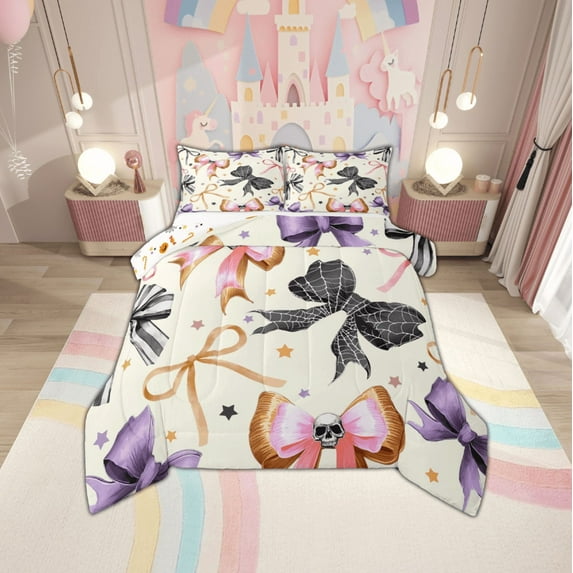Manfei Cartoon Bow Tie Bedding Comforter Set,Halloween Theme Skeleton Twin Comforter Sets,Rainbow Stars Bow Bedding Set For Teens,Luxury Bedroom Decor Reversible,2 Pieces