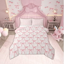 Manfei Cartoon Bow Tie Bedding Comforter Set,Pink Geomwtric Plaid Twin Comforter Sets,Princess Bow Bedding Set For Teens,Luxury Bedroom Decor Reversible,2pcs