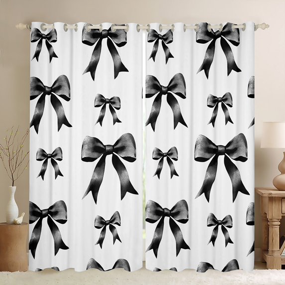Manfei Cartoon Bow Tie Black Out Curtains,Cute Bowknot Ribbon Curtains Pack of 2 (42x63 Each),White Black Bedroom Curtains For Teens,Luxury Bedroom Decor
