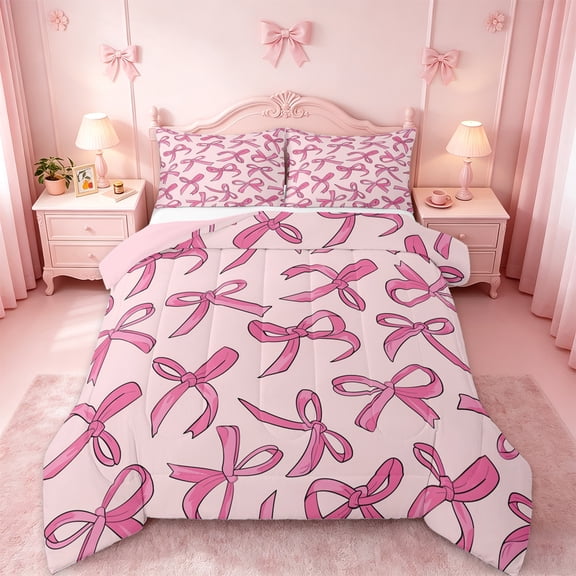 Manfei Cartoon Bow Tie Queen Comforter Set,Cute Bowknot Ribbon Bedding Sets,Girl Pink Bedding Comforter Set For Teens,Luxury Bedroom Decor Reversible,3pcs