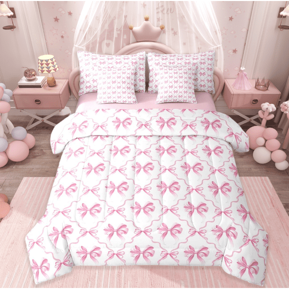 Manfei Cartoon Bow Tie Twin Bedding Sets 7-Piece,Pink White Bowknot Bedding Comforter Set,Princess Bow Sheet Sets For Teens,Luxury Bedroom Decor Reversible