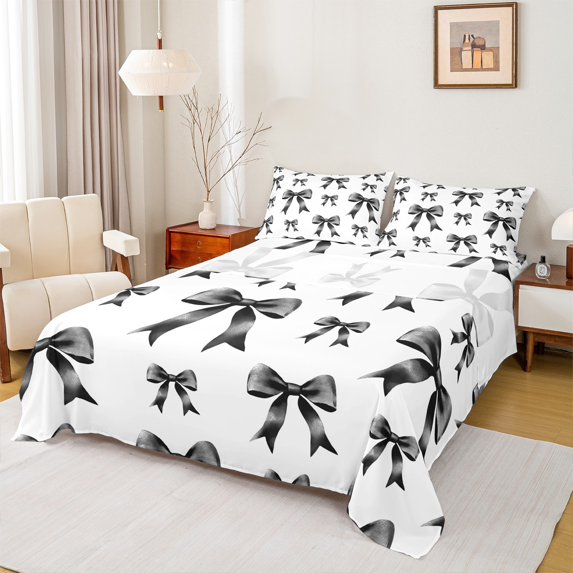 Manfei Cartoon Bow Tie Twin Sheet Sets,Cute Bowknot Ribbon Twin Fitted Sheet,White Black Flat Sheet For Teens,Luxury Bedroom Decor,3 Pieces