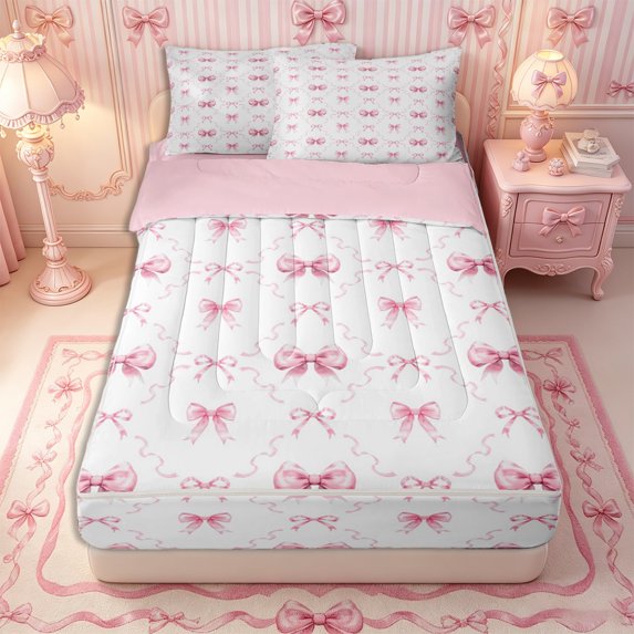 Manfei Cartoon Bow Tie Zipper Full Size Comforter Sets with Fitted Sheet and 2 Pillowcases for Girls,Dreamy Ribbon Plaid Zipper Bedding Set,4pcs,Pink Reversible