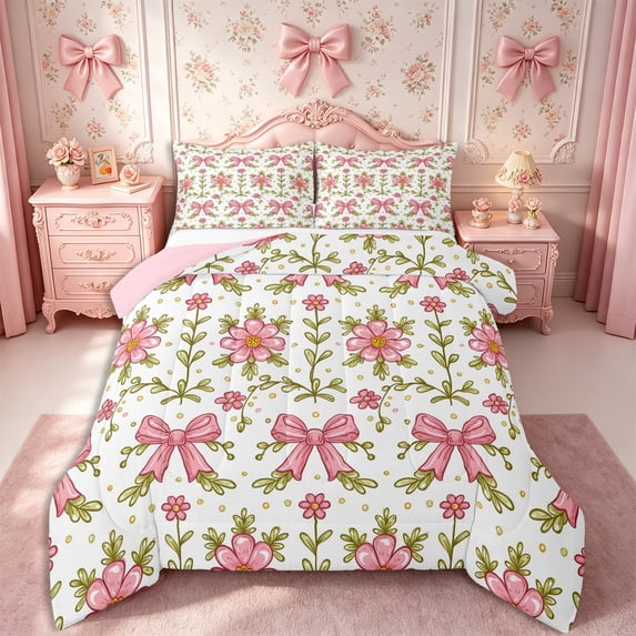 Manfei Cartoon Bow Wildflower Full Size Comforter Sets 3-Piece,Dreamy Princess Bedding Comforter Set,1 Comforter and 2 Pillowcases,Reversible