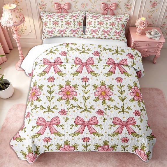 Manfei Cartoon Bow Wildflower Twin Quilt Set 2 Pieces,Dreamy Princess Twin Coverlet Set,1 Bedspread and 1 Pillowcase