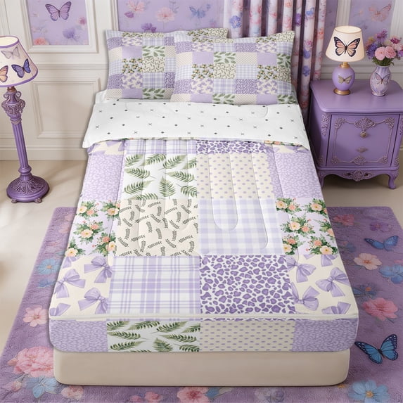 Manfei Cartoon Bow Zipper Queen Comforter Set with Fitted Sheet and 2 Pillowcases,Floral Leopard Print Zipper Bedding Set,Reversible