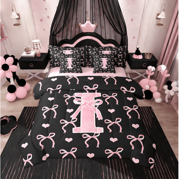 Feelyou Cartoon Bow-tie Bedding Comforter Set 7 Pieces, Initial Letter I Full Bedding Set, Kawaii Princess Fitted Sheet Flat Sheet, Microfiber Room Decor