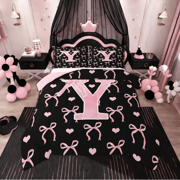 Feelyou Cartoon Bow-tie Bedding Comforter Set, Initial Letter Y Twin Comforter Sets, Kawaii Princess Bedding Set, Breathable Room Decoration, 2-Piece