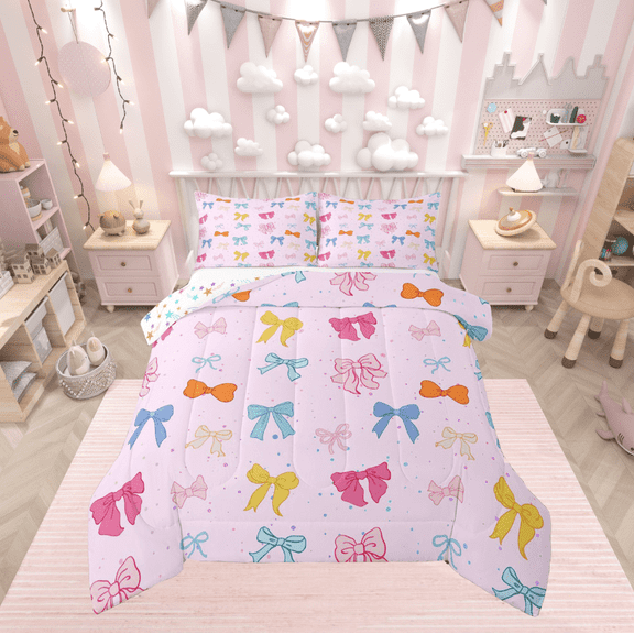 Manfei Cartoon Bow-tie Comforter Sets Queen Size, Colorful Bow Down Comforter, Cute Princess Reversible Bedding Queen Comforter Set, Lightweight Room Decoration, 3-Piece