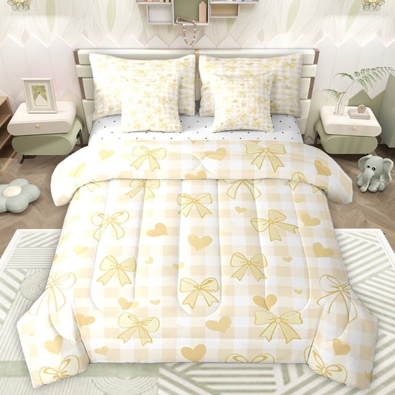 Manfei Cartoon Bow-tie Ribbon Bedding Comforter Set 7pcs, Yellow Love Heart Queen Bedding Sets, Modern Fashion Plaid Reversible Queen Sheet Sets, Luxury Bedroom Decor