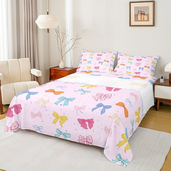 Manfei Cartoon Bow-tie Sheet Set Queen, Colorful Bow Bed Sheets Set Queen Size, Cute Princess Queen Sheet Sets, Lightweight Room Decoration, 4-Piece