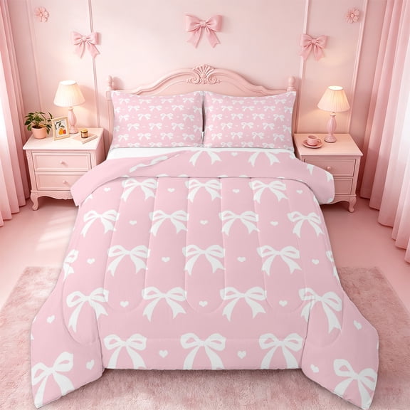 Manfei Cartoon Bowknot Bedding Comforter Set,Pink Heart Print Twin Comforter Sets,Ribbon Bowtie Bow Bedding Set For Girls,Microfiber Bedroom Decor Reversible,2 Pieces