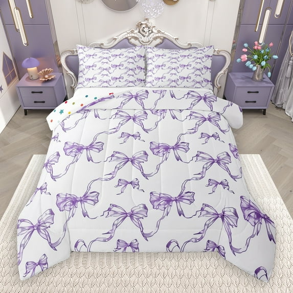 Manfei Cartoon Bowknot Bedding Comforter Set,Vintage Bow Tie Twin Comforter Sets,Purple White Bedding Set For Girls,Microfiber Bedroom Decor Reversible,2 Pieces