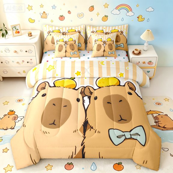 Manfei Cartoon Bowknot Capybara Full Size Bedding Sets, Cute Animal Full Size Bed in a Bag, Wheat, Polkadot Reversible, 7-Piece