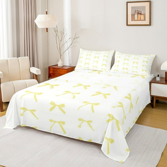 Manfei Cartoon Bowknot Child Twin Sheet Sets, Girly Yellow Bow-tie Twin Fitted Sheet, Kawaii Princess Bow Style Flat Sheet, Lightweight Room Decor, 3-Piece