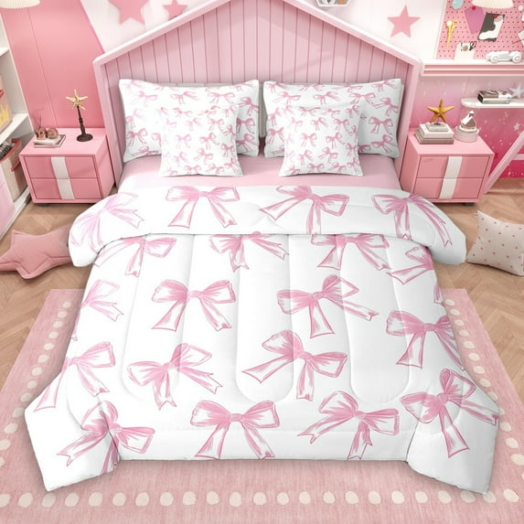 Manfei Cartoon Bowknot Girls 7pcs Bedding Comforter Set, White Pink Princess Bow Queen Bedding Sets, Kawaii Fairy Tale Style Reversible Queen Sheet Sets, Luxury Bedroom Decor