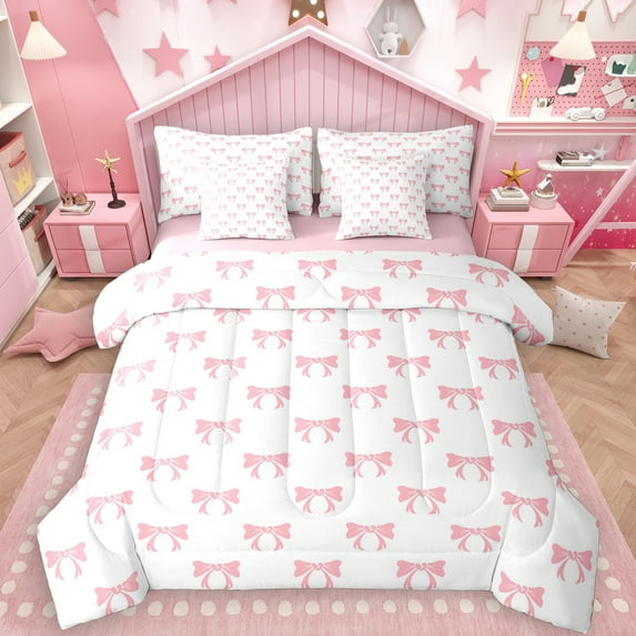 Manfei Cartoon Bowknot Kids 7pcs Bedding Comforter Set, Pink Bow-tie Queen Bedding Sets, Kawaii Princess Style Reversible Queen Sheet Sets, Luxury Bedroom Decor