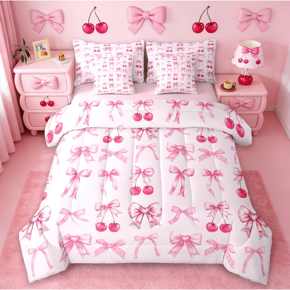 Manfei Cartoon Bowtie Bedding Comforter Set 7-Piece,Pink Bow Bowknot King Bedding Sets,Red Cherry Bed Sheets For Girl,Microfiber Room Decor,Reversible