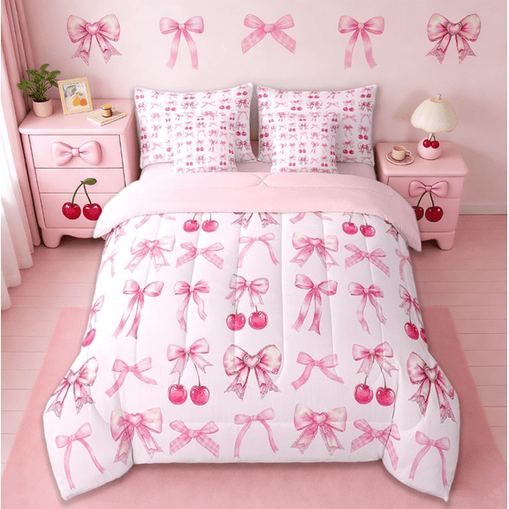 Manfei Pink Bed Set Full 7 Pieces,Cute Bow Bedding Set For Girls,Pink Kids Comforter Set,Kawaii Cherry And Pink Reversible