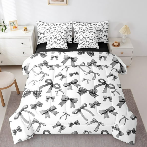 Manfei Cartoon Bowtie Bedding Full Size,Buffalo Bow Bowknot Comforter Sets with Sheets,Black White Bedding Sets Full Size For Girl,Microfiber Room Decor Reversible,7pcs