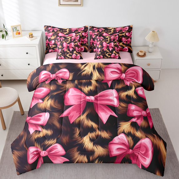 Manfei Cartoon Bowtie Bow Bedding Comforter Set 7pcs,Cowhide Full Bedding Set,Brown Pink Fitted Sheet Flat Sheet For Boys Girls,Ultra Soft Bedroom Decor Reversible