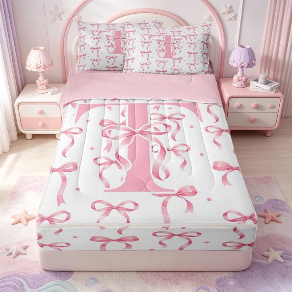Manfei Cartoon Bowtie Pattern Zipper Full Size Comforter Sets with Fitted Sheet and 2 Pillowcases,Letter T Print Zipper Bedding Set,Pink Reversible,4pcs