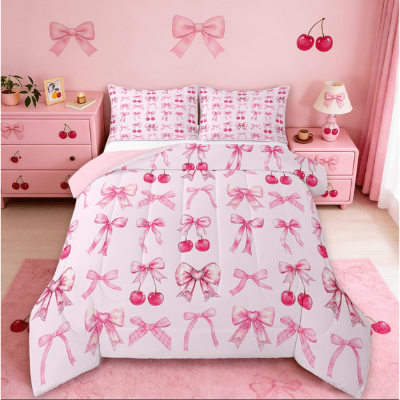 Manfei Cartoon Bowtie Queen Comforter Set,Pink Bow Bowknot Bedding Sets,Red Cherry Bedding Comforter Set For Girl,Microfiber Room Decor Reversible,3-Piece