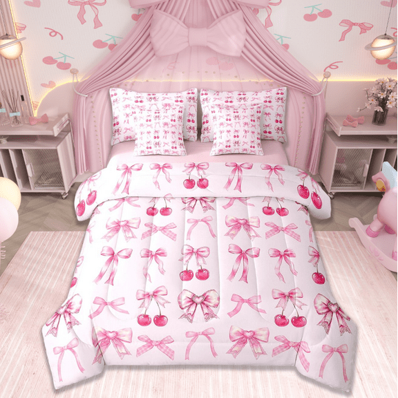 Manfei Cartoon Bowtie Twin Bedding Sets 7-Piece,Pink Bow Bowknot Bedding Comforter Set,Red Cherry Sheet Sets For Girl,Microfiber Room Decor,Reversible
