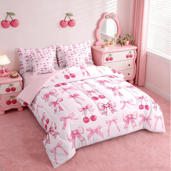 Manfei Cartoon Bowtie Twin Bedding Sets 7-Piece,Pink Bow Bowknot Bedding Comforter Set,Red Cherry Sheet Sets For Girl,Microfiber Room Decor,Reversible