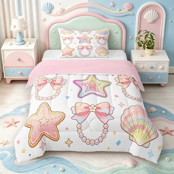 Manfei Cartoon Bowtie Twin Comforter Sets,Star Pearl Shell Bedding Set,Pink Reversible,2-Piece,1 Comforter and 1 Pillowcase