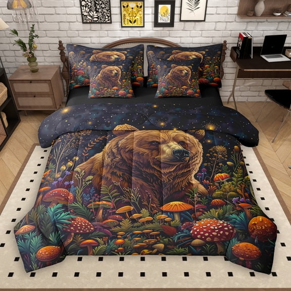 Manfei Cartoon Brown Bear 7-Piece Twin Bedding Sets, Rustic Farmhouse Animal Bedding Comforter Set, Jungle Mushroom Reversible Sheet Sets, Lightweight Room Decor