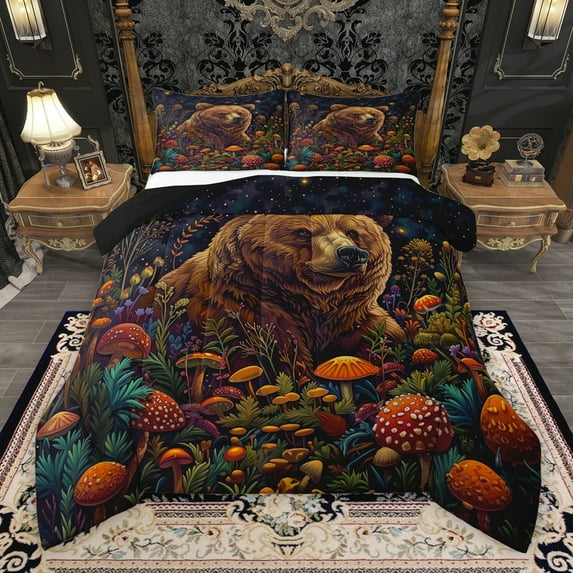 Manfei Cartoon Brown Bear Queen Comforter Set, Rustic Farmhouse Animal Bedding Sets, Jungle Mushroom Reversible Bedding Comforter Set, Lightweight Room Decor, 3 Pieces