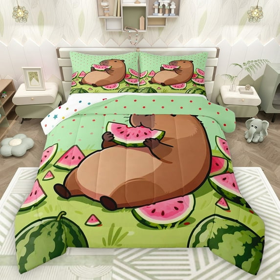 Manfei Cartoon Brown Capybara Boy Girl Full Size Comforter Sets 3-Piece,Colorful Polka Dots Bedding Comforter Set,Fruit Watermelon Lightweight Bedding Sets,Ultra Soft Home Decor,Reversible