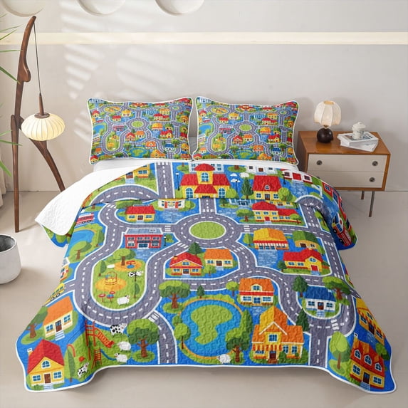 Manfei Cartoon Buildings Twin Quilt Set,City Streets Twin Coverlet Set,Gray,2 Pieces