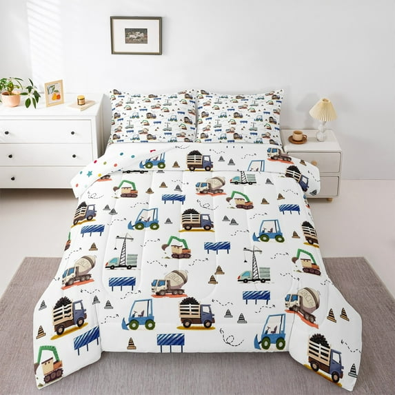 Manfei Cartoon Bulldozer Excavator Full Size Comforter Sets,Equipped Truck Bedding Comforter Set,White Brown Blue Bedding Sets,Microfiber Bedroom Decor Reversible,3 Pieces