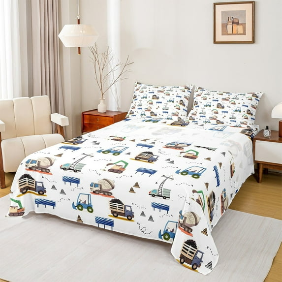 Manfei Cartoon Bulldozer Excavator Full Size Sheets,Equipped Truck Bed Sheets,White Brown Blue Sheet Sets,Microfiber Bedroom Decor,4 Pieces