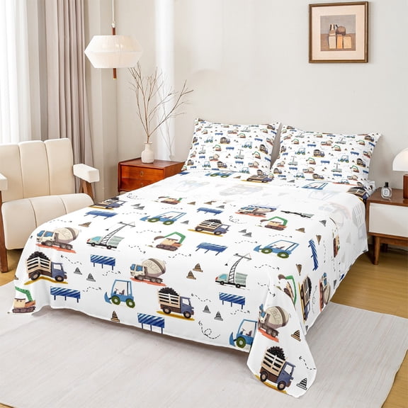 Manfei Cartoon Bulldozer Excavator Twin Sheet Sets,Equipped Truck Twin Fitted Sheet,White Brown Blue Flat Sheet,Microfiber Bedroom Decor,3-Piece