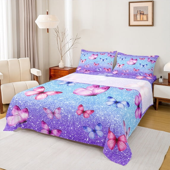 Manfei Cartoon Butterfly Animal Full Size Sheets, Blue Purple Dreamy Rainbow Bed Sheets, Teens Kids Boys Girls Sheet Sets, Breathable Home Decor, 4-Piece