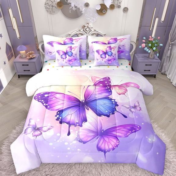 Manfei Cartoon Butterfly Child 7-Piece Twin Bedding Sets, Purple Bedding Comforter Set, Cute Dreamy Animal Reversible Sheet Sets, Lightweight Room Decor