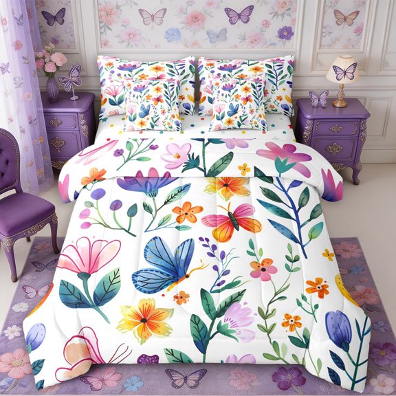 Manfei Cartoon Butterfly King Bedding 7pcs,Watercolor Flowers King Bed in a Bag,Reversible