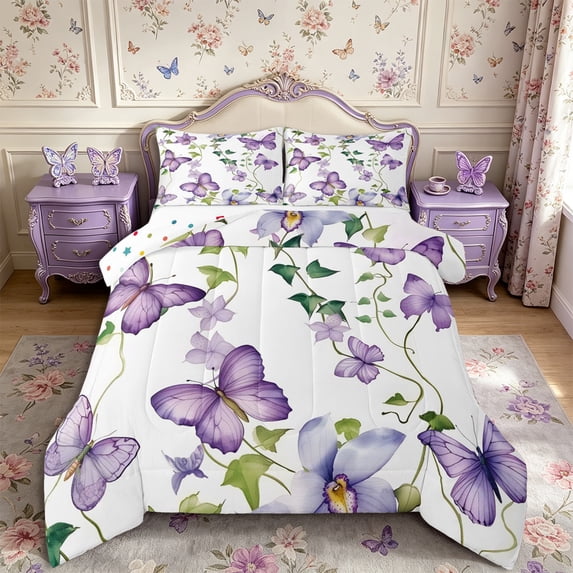 Manfei Cartoon Butterfly King Size Comforter Sets 3pcs,Watercolor Flowers Comforters King Size,1 Comforter and 2 Pillowcases,Reversible