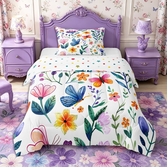 Manfei Cartoon Butterfly Twin Comforter Sets 2pcs,Watercolor Flowers Bedding Set,1 Comforter and 1 Pillowcase,Reversible