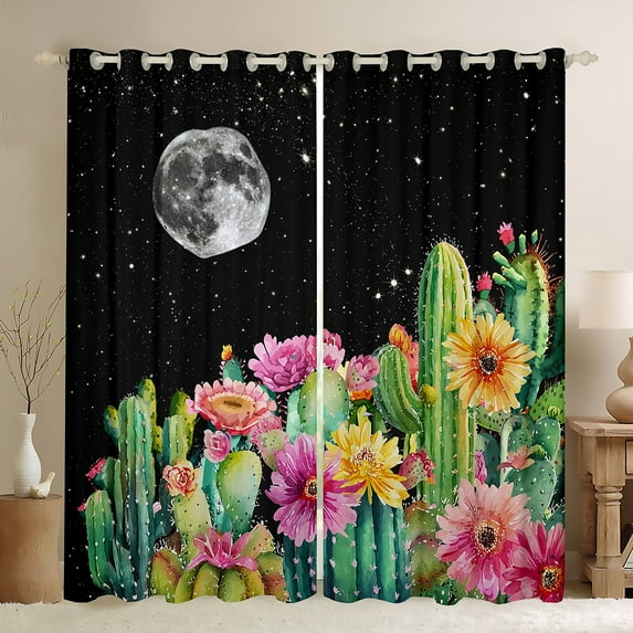 Manfei Cartoon Cactus Child Curtains Pack of 2 (42x84 Each), Western Groovy Flower Curtains Blackout, Glitter Stars Moon Bedroom Curtains, Curtains and Drapes Decor